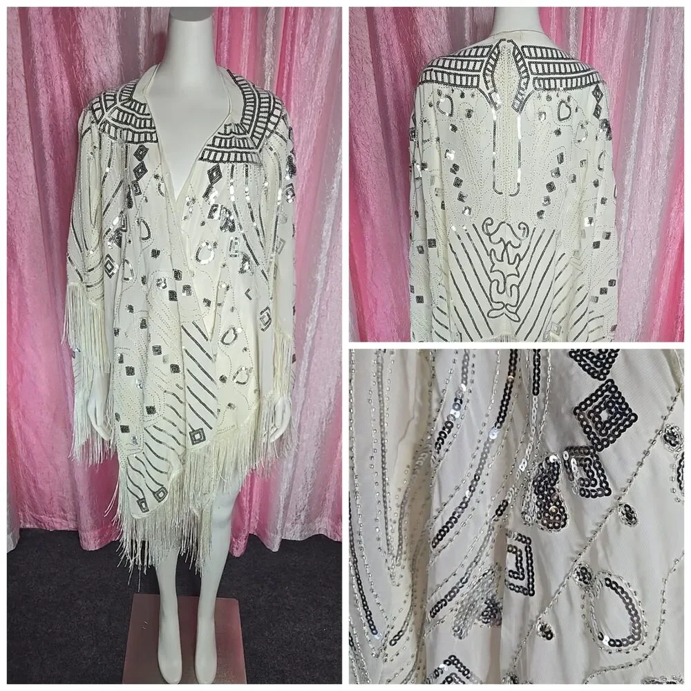 Anna Kaci Exquisite White Sequin Fringe Statement Shawl Wrap One Size